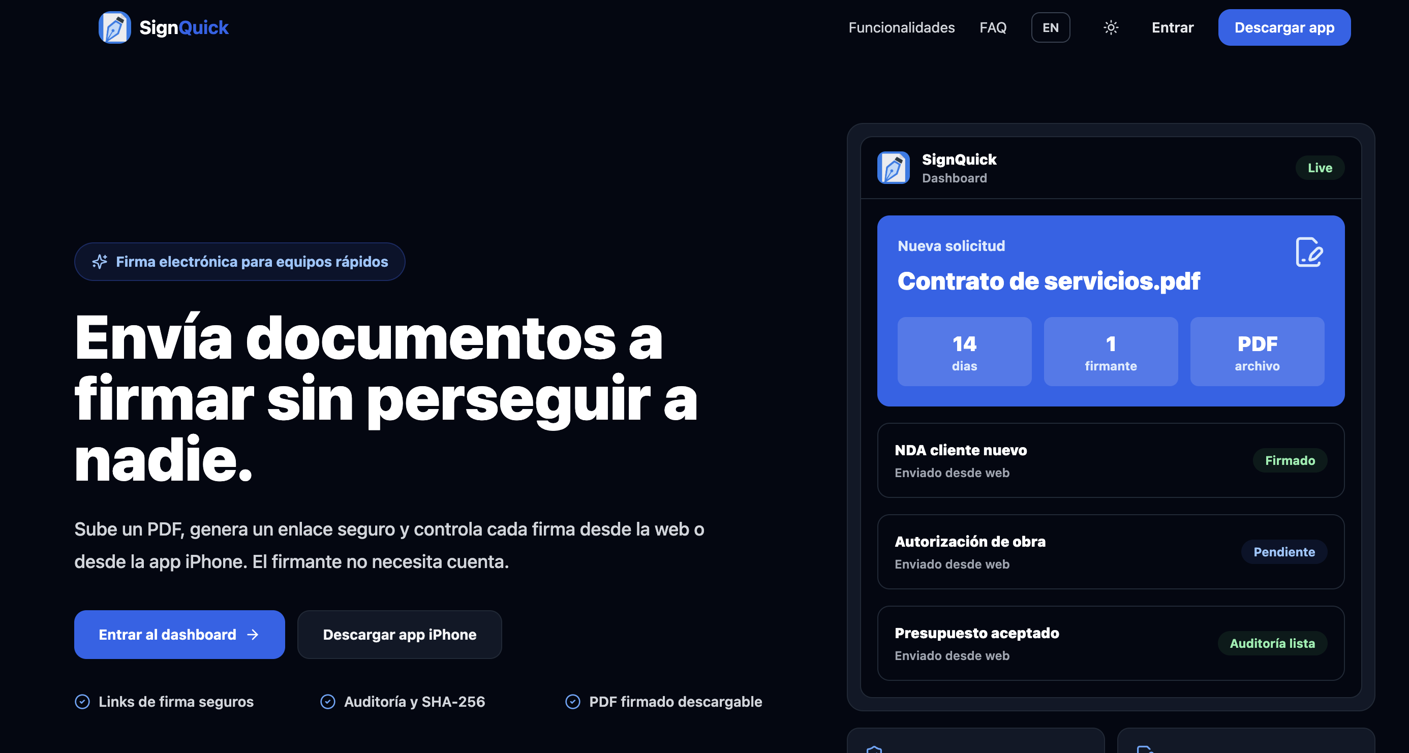 Interfaz de SignQuick en español — solicitud de firma desde el iPhone