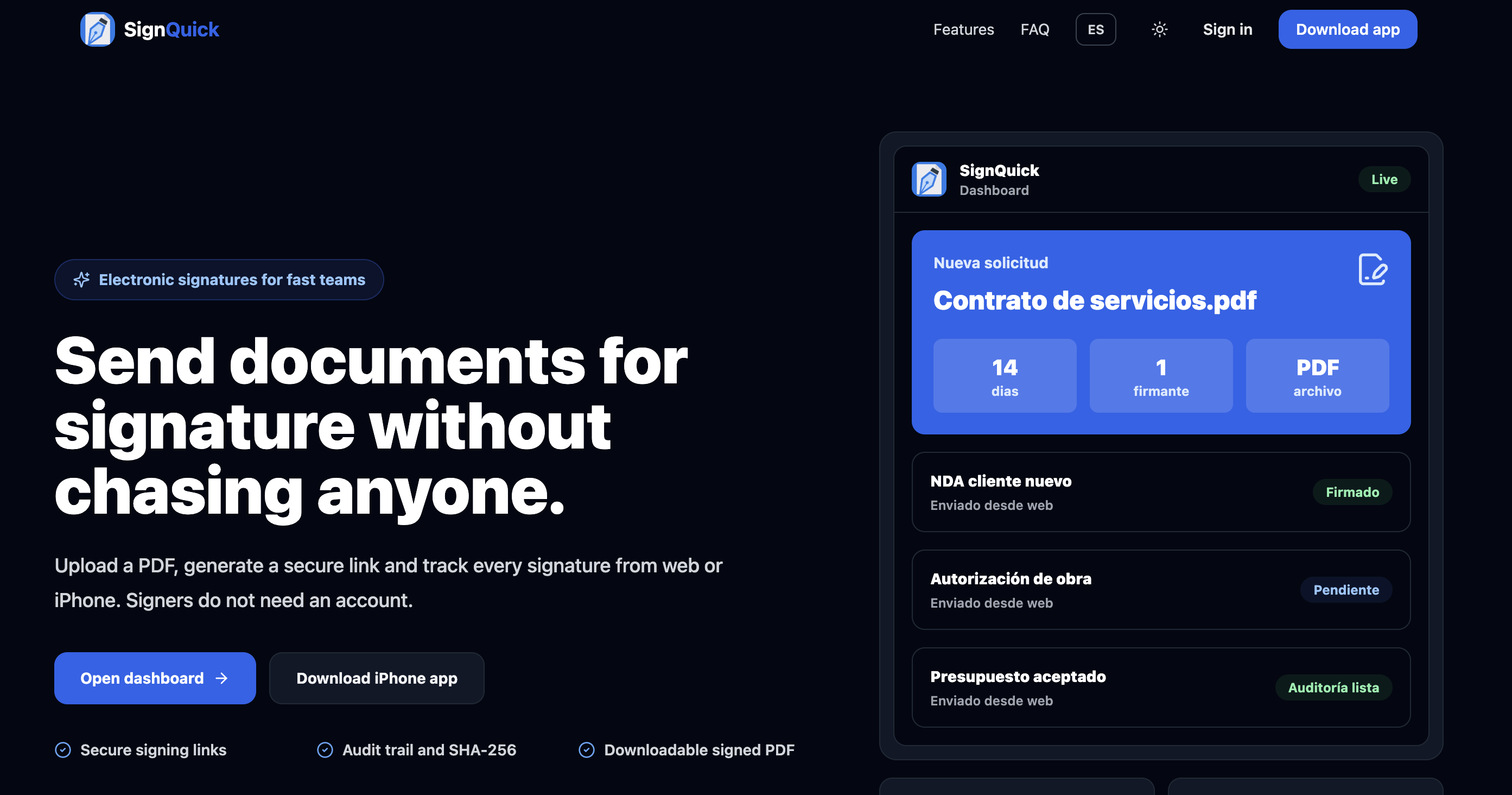 SignQuick interface — signature request from iPhone